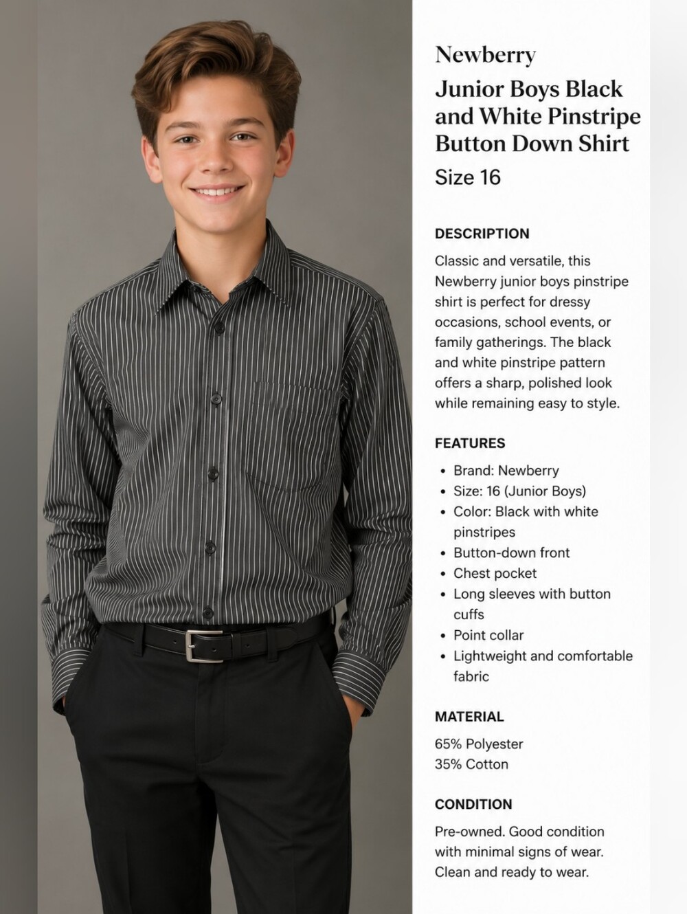 Junior Boys Black and White Pinstripe Button Down Shirt- Size 16